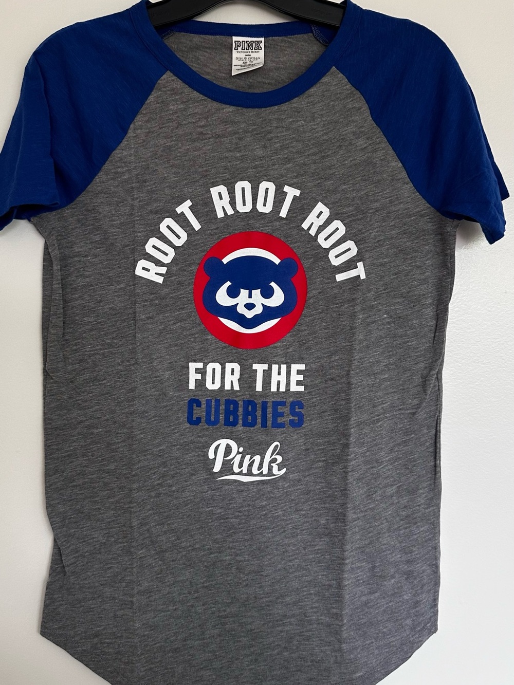 PINK Victoria's Secret Gray Chicago Cubs Tee with Blue Sleeves
